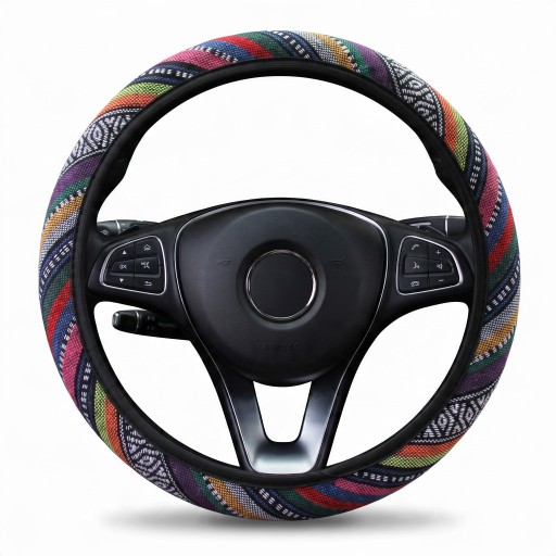 Lněný potah na volant 37 až 38 cm v boho stylu s etnickým vzorem Prodyšný Bez vnitřního kroužku Pro kulatý i D volant