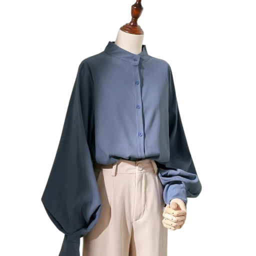 Lockere Damenbluse mit Stehkragen und Ballonärmeln Elegante Bluse mit Knöpfen und weiten langen Ärmeln Luftiger Schnitt für jeden Tag