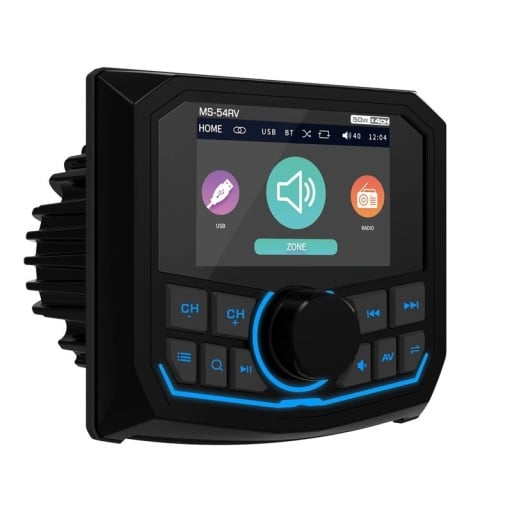 Lodní rádio MP5 přehrávač MS-54RV Bluetooth FM a AM RDS tuner USB AUX barevný displej IPX5 vodotěsné černé na loď jachtu a karavan