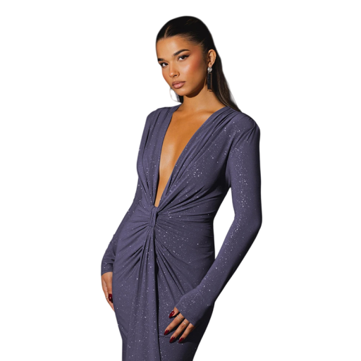 Long Sparkly Evening Dress with Deep V-Neck Elegant Dress with Ruching Autumn Evening Dress with Long Sleeves