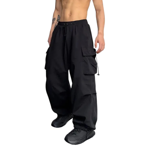 Løse cargobukser til mænd med snøre, lige snit, brede ben, komfortable lommer, streetwear-stil til fritid