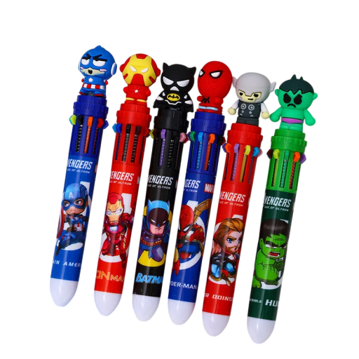 Lot de 6 stylos à bille Super-héros 10 couleurs Impression Stylo multifonction 16 cm Marquage couleur Fournitures scolaires et de bureau