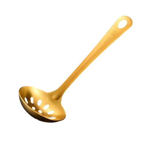 Louche perforée de cuisine en acier inoxydable doré de style coréen avec longue poignée pour servir et servir