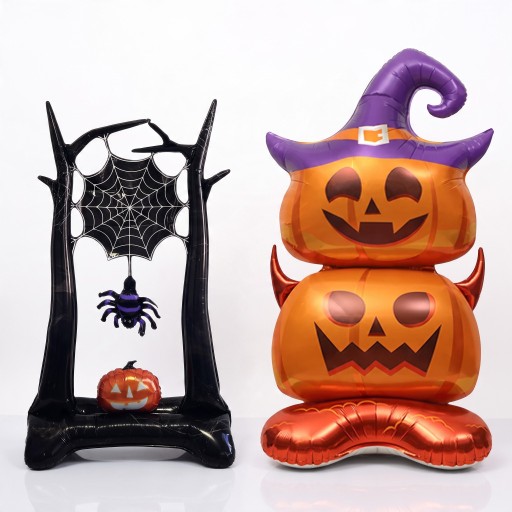 Lufikészlet 2 db Pókhálós fák 105 x 60 cm és tök 150 x 70 cm Fóliás lufik Fekete és narancssárga Dekoráció Halloweenra