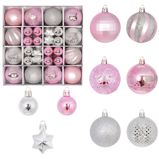 Lujosas decoraciones navideñas rosa y plateadas 44 pcs 3 - 6 cm Bolas y estrellas Diferentes tamaños para una decoración elegante del árbol