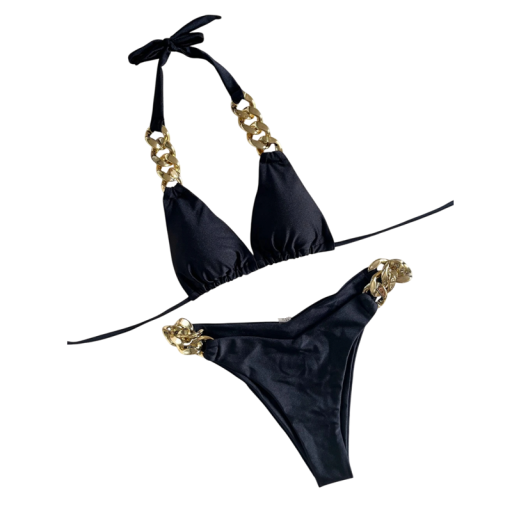 Luksusowe damskie bikini z metalowymi łańcuszkami na ramiączkach i bokach. Trójkątny top i kąpielówki z eleganckim połyskiem na lato
