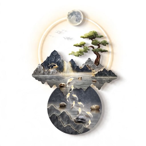 Lumière LED murale avec image 100 x 70 cm Carpes koi Montagnes et arbre Acrylique et métal Lumière blanche chaude Décoration murale moderne