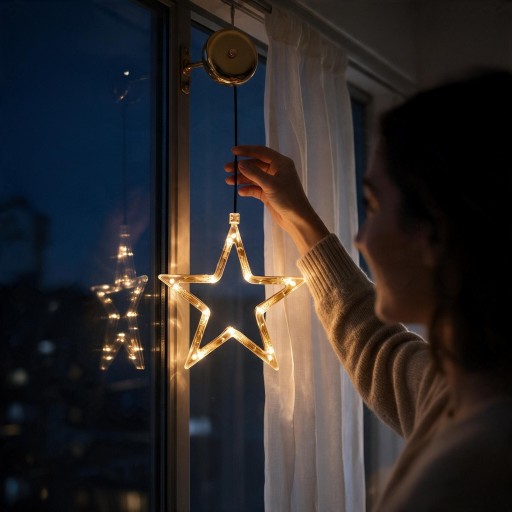 Lumină LED Suspendată de Crăciun Stea 19 x 15 cm Pe Baterii AAA Cu Suport Suptor Decorativ Strălucitor Alb Cald Pentru Fereastră Uși și Vitrină