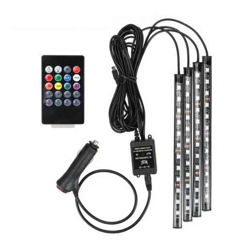 Lumini auto LED RGB universale 22,5 cm 48 diode Iluminare interioară 12 V Control muzical Telecomandă 16 culori pentru brichetă