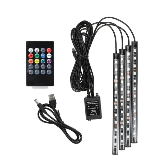 Lumini auto LED RGB universale 4x22,5 cm 48 LED-uri Telecomandă Mod muzică 16 culori Alimentare USB Iluminare atmosferică