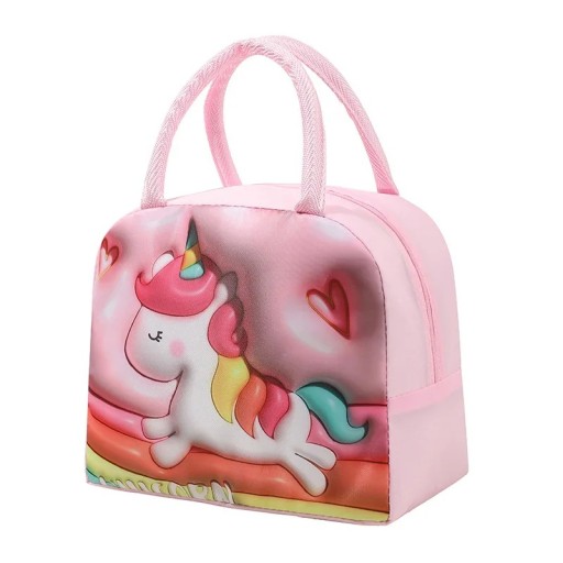 Lunchväska med enhörningstryck 23×13×19 cm i oxfordtyg rosa med handtag för att transportera mat till skolan och på utflykter