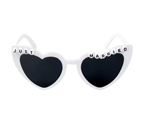 Lunettes de soleil blanches en forme de cœur JUST MARRIED Lunettes en plastique humoristiques pour le mariage Accessoire photo