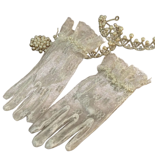 Luvas de renda para senhora de dedos completos com pérolas curtas com franzido em poliéster branco para ocasiões sociais e festivas