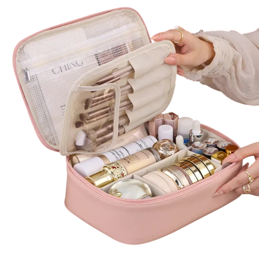 Luxe dames cosmetische tas 24 x 17,5 x 9 cm grote capaciteit reisorganizer draagbare PU toilettas make-up opbergtas
