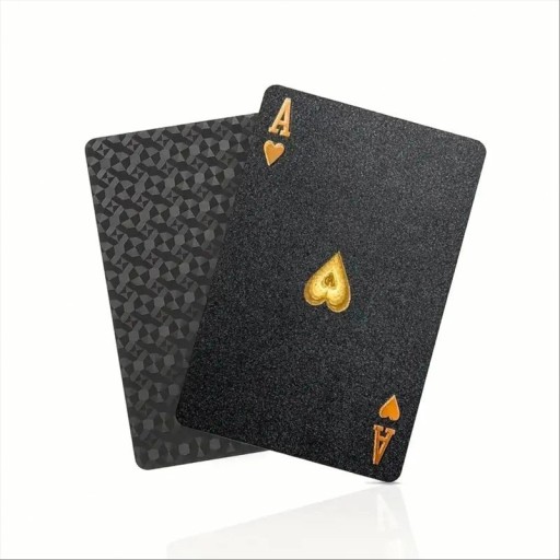 Luxuriöse schwarze Plastikspielkarten mit metallischem Glanz und goldenen und silbernen Symbolen, geeignet für Canasta, Rommé und andere Spiele