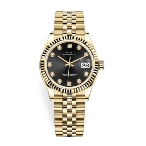 Luxury Ladies' Watch with Stones Instead of Indices Date Window Grooved Bezel Gold Five-Row Bracelet Water Resistant 5 ATM For Social Occasions