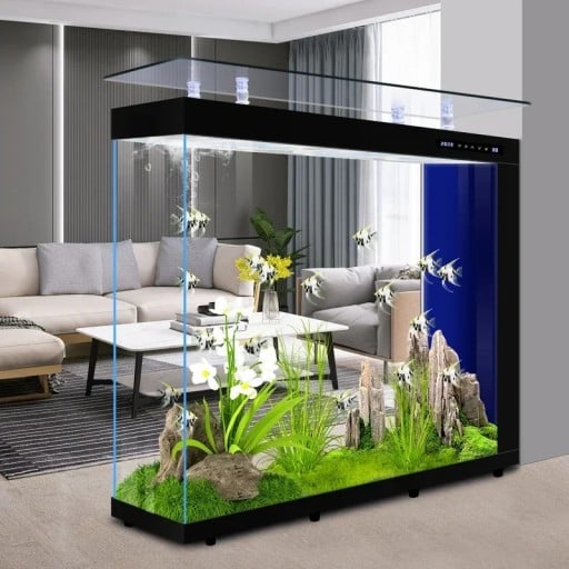 Luxus akvárium 150 x 40 x 116 cm Nagy üveg akvárium válaszfallal Szuper fehér üveg LED világítás Szűrés Okos kijelző