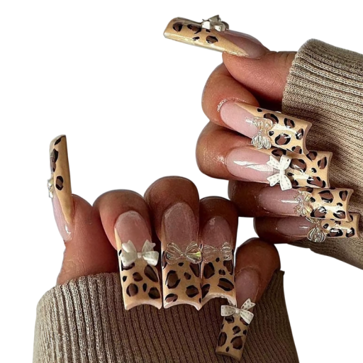 Luxusos készlet 24 db hosszú négyzet alakú akril körömmel francia manikűr Leopard Ombre Aranyos 3D masnik Ragasztó Reszelő