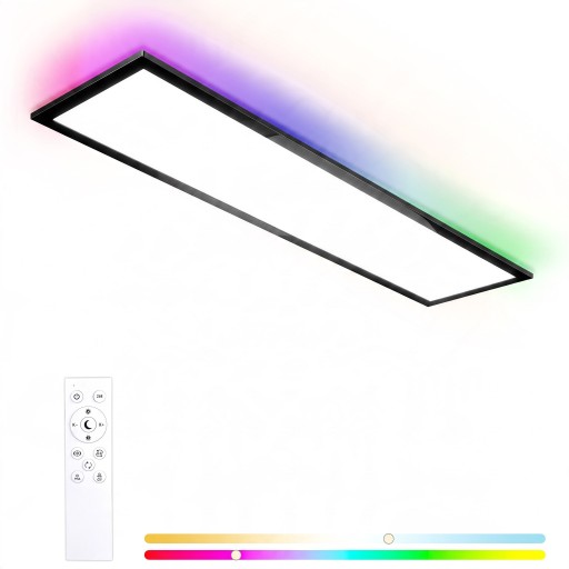 Luz LED de techo RGB 120 x 30 x 3,9 cm 40 W 4400 lm Luz blanca 3000-6500 K Iluminación de colores Control remoto Marco negro Para sala de estar