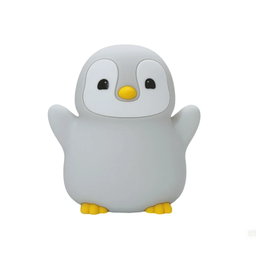 Luz nocturna infantil em forma de pinguim cinzento Carregamento USB em silicone Bateria de 1200mAh 2 modos de iluminação Longa duração Luz segura