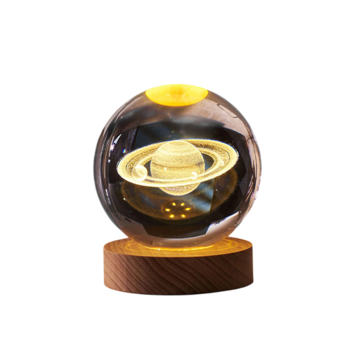 Luz nocturna LED para niños en forma de bola de 6 cm con motivo de Saturno, base de madera, cable de alimentación, iluminación decorativa