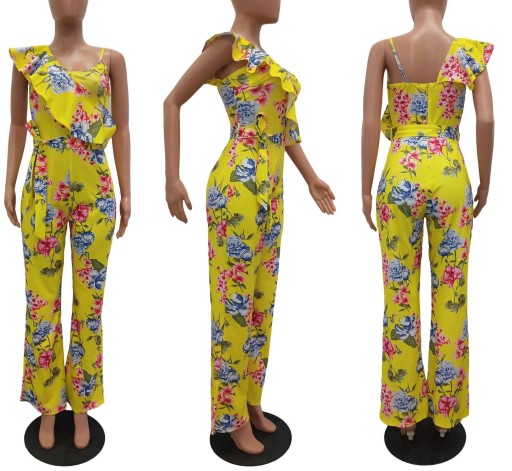 Macacão feminino com padrão floral e folhos