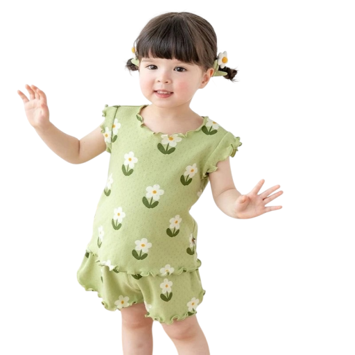 Mädchen Sommer Set T-Shirt mit kurzen Ärmeln und Gummihosen Grüne Kombination mit floralem Druck für den Alltag