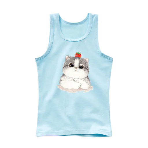 Mädchen Sommer Tanktop ohne Ärmel 100% Baumwolle Einfarbiges T-Shirt mit gezeichneter Katze Prinzessinnen-Top für Kinder Weiches bequemes