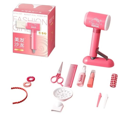 Mädchenset für den Kosmetiksalon Kunststoffsimulation von Make-up und Haarstyling Fön Kamm Haarband Haargummis Haarspangen Lippenstift Schere Spray 2 Aufsätze