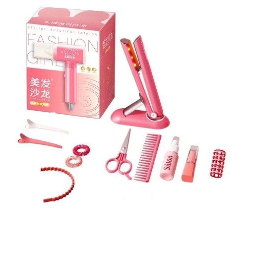 Mädchenset für den Kosmetiksalon mit Zubehör Plastische Simulation von Make-up und Haarstyling Glätteisen Kamm Haarband Haargummis Haarspangen Lippenstift Schere Spray