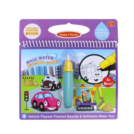 Magische waterkleurboek met auto's en een graafmachine transportvoertuigen herhaaldelijk tekenen 19x20 cm papieren paarse boek met pen