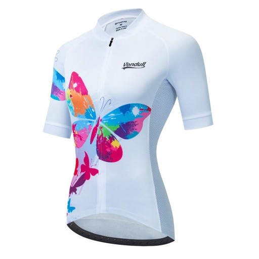 Maglia da ciclismo da donna a maniche corte, bianca con motivo farfalla, per ciclismo e sport