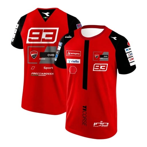 Maglia rossa da uomo con maniche corte e numero 93 sulla schiena e sul petto con maniche nere e scollo rotondo per i fan delle corse