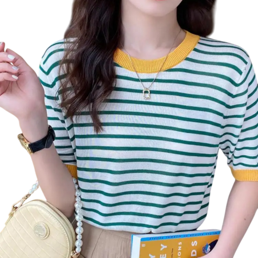 Maglietta a righe da donna con maniche corte Maglione elegante con scollo rotondo Top alla moda per il tempo libero in città e in ufficio
