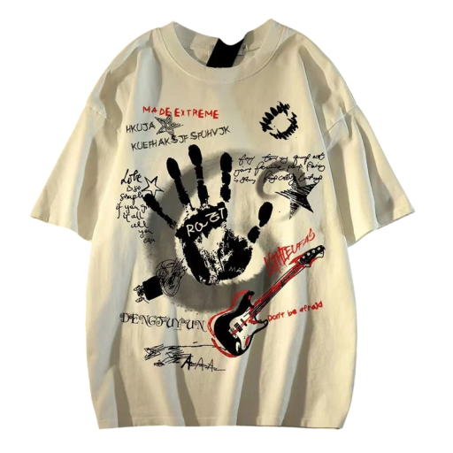 Maglietta da donna con stampa di chitarra e mano Top streetwear con maniche corte Collo rotondo Stile rock alla moda per tempo libero e concerti