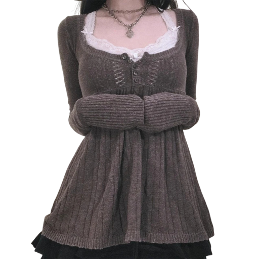 Maglione da donna con pizzo nel scollo a V Chiusura parziale con bottoni Maglione elegante monocolore con maniche lunghe Vari colori