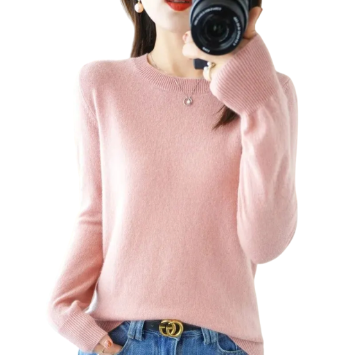 Maglione da donna in maglia di poliestere e acrilico con scollatura a O Maglione elegante monocolore con maniche lunghe Taglia universale