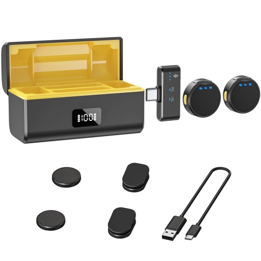 Mágneses vezeték nélküli mikrofon USB-C 100 m hatótávolság 6+23 óra akkumulátor-üzemidő Zajszűrés Visszhangfigyelés Töltőtok Ultrakönnyű kialakítás