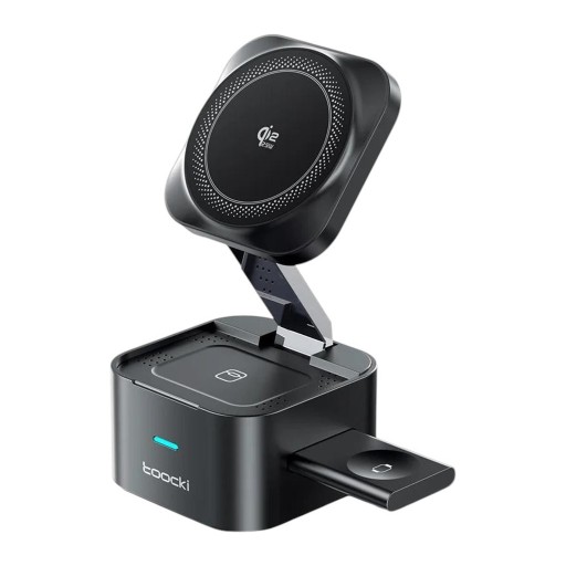 Magnetische Ladestation 3 in 1 Qi2.2 25 W Toocki Klappbar mit ausziehbarem Kabel und 45 W Adapter für iPhone Apple Watch und AirPods Schwarz