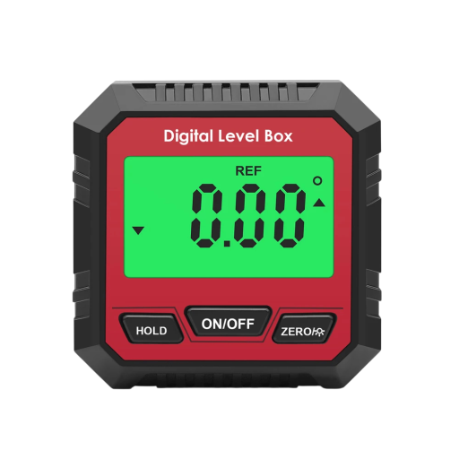 Magnetischer digitaler Winkelmesser mit den Maßen 5,3 x 2,7 cm und beleuchtetem Display mit Hold- und Null-Funktion in roter Ausführung mit schwarzen Kanten
