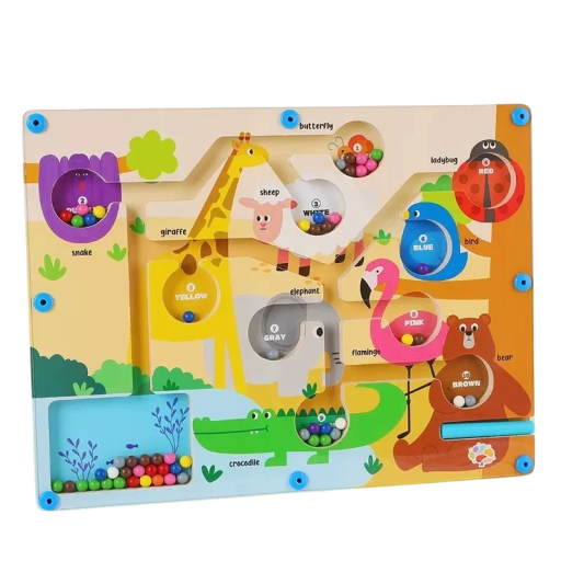 Magnetisk trälabyrint 23 x 16 cm Pedagogisk leksak för barn Färgsortering med pärlor Djurmotiv Utveckling av motorik och koordination