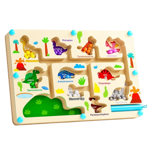 Magnetisk trälabyrint med pärlor 23 x 16 cm Didaktisk leksak med dinosauriemotiv Motorlabyrint Färgsortering för barn