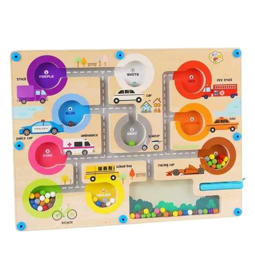 Magnetisk trälabyrint med pärlor 23 x 16 cm Motorleksak för barn Transportbilar Färgsortering Finmotorisk utveckling