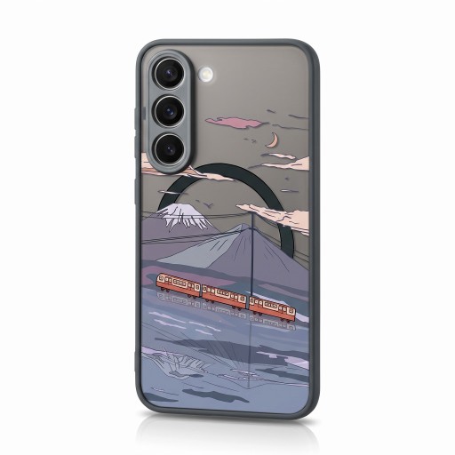 Magnetiskt skyddande fodral för Samsung Galaxy A56 Hållbart Tåg över vattnet med berg och måne Trådlös laddning Svart ram Orange knappar