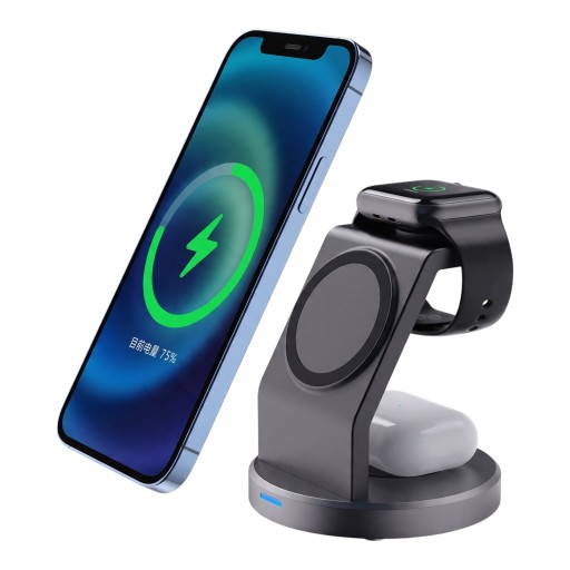 Magnettinen langaton laturi 3v1 15 W Teline iPhonelle, Apple Watchille ja AirPodsille Käännettävä pidike pystyyn ja vaakaan Musta Yöpöydälle
