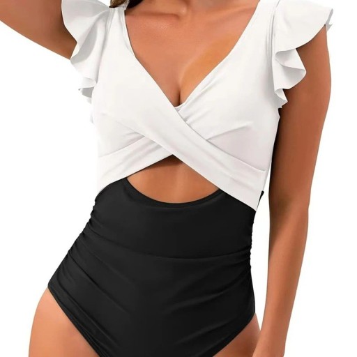 Maillot de bain une pièce femme à manches courtes avec volants décolleté en V Polyester Spandex Maillots de bain élastiques pour la mer et la piscine