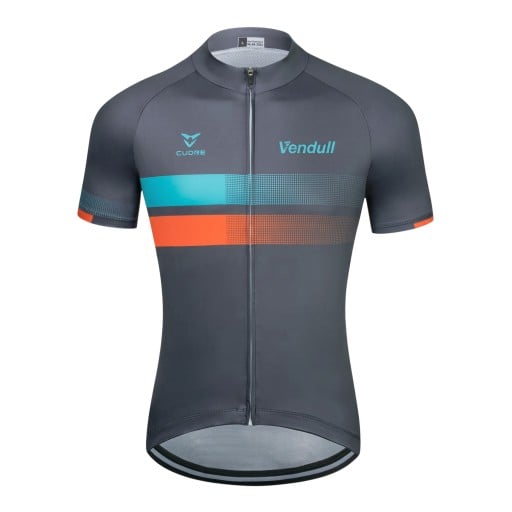 Maillot de ciclismo para hombre en gris oscuro con franjas turquesa y naranja, de manga corta y cremallera de longitud completa con tres bolsillos