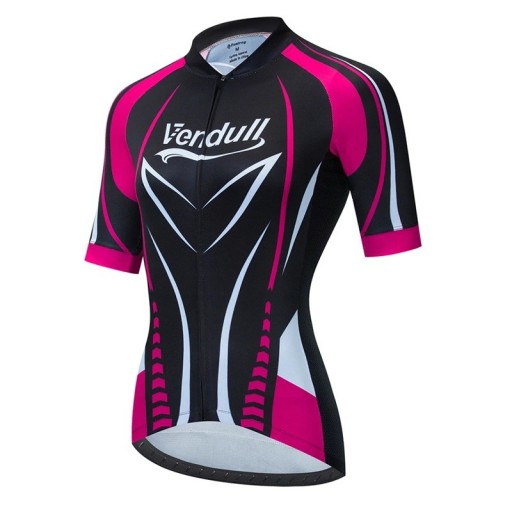 Maillot de cyclisme pour femme à manches courtes, noir-rose avec motif sportif, pour le cyclisme et le sport