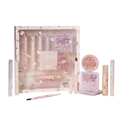 Make-up sæt med 4 læbepomader, tosidet øjenbrynspen, concealer, blush og øjenskyggepalette, blomsterdesign