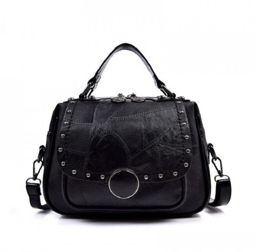 Mala de senhora crossbody com alça superior Aspeto vintage em patchwork Aba com tachas Fecho com zip Couro PU 26 x 19 x 11 cm